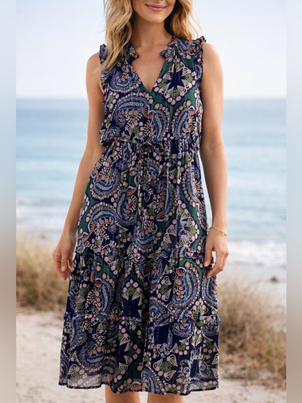 Anthropologie Paisley Floral Midi Dress Sleeveless Tie Waist Boho Size US 0